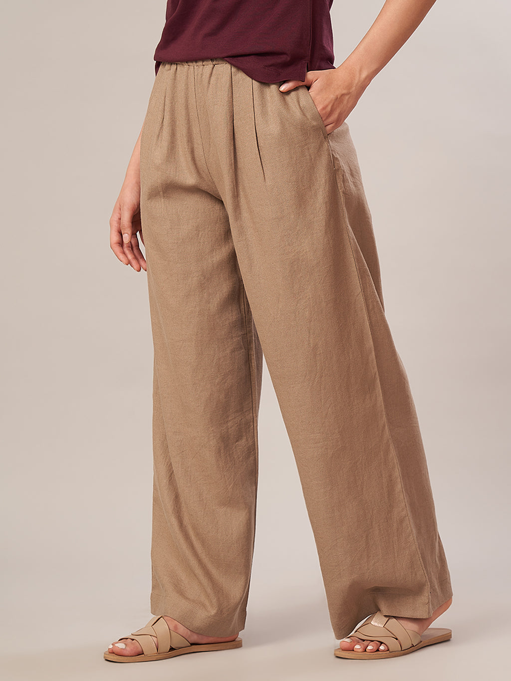 Women's Linen Viscose Regular Fit Pant Beige