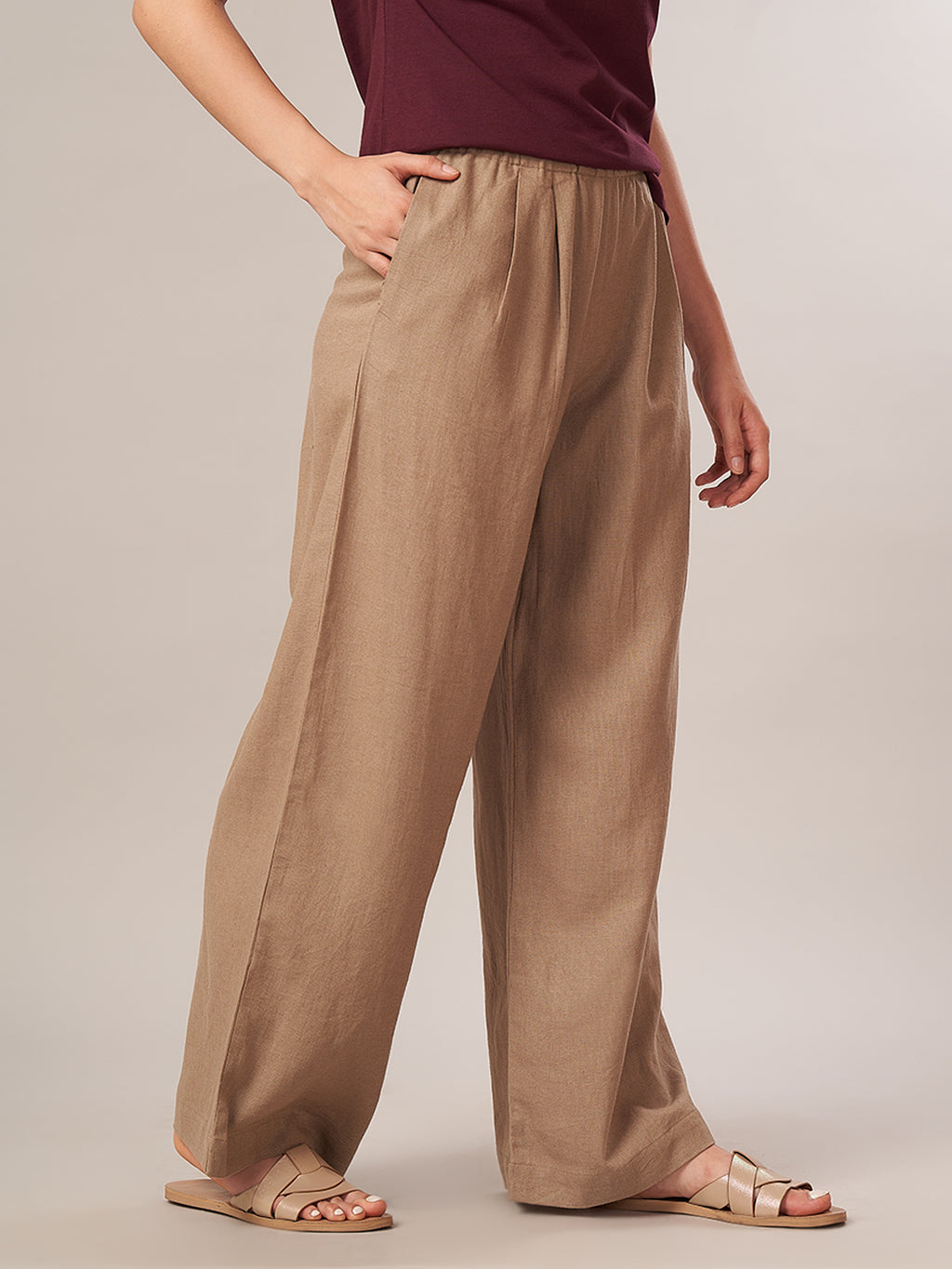 Women's Linen Viscose Regular Fit Pant Beige