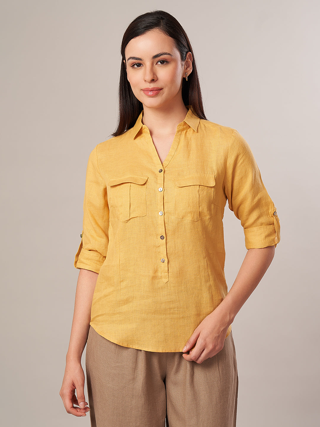 Women's 100% Linen Regular Fit Blouse Yellow