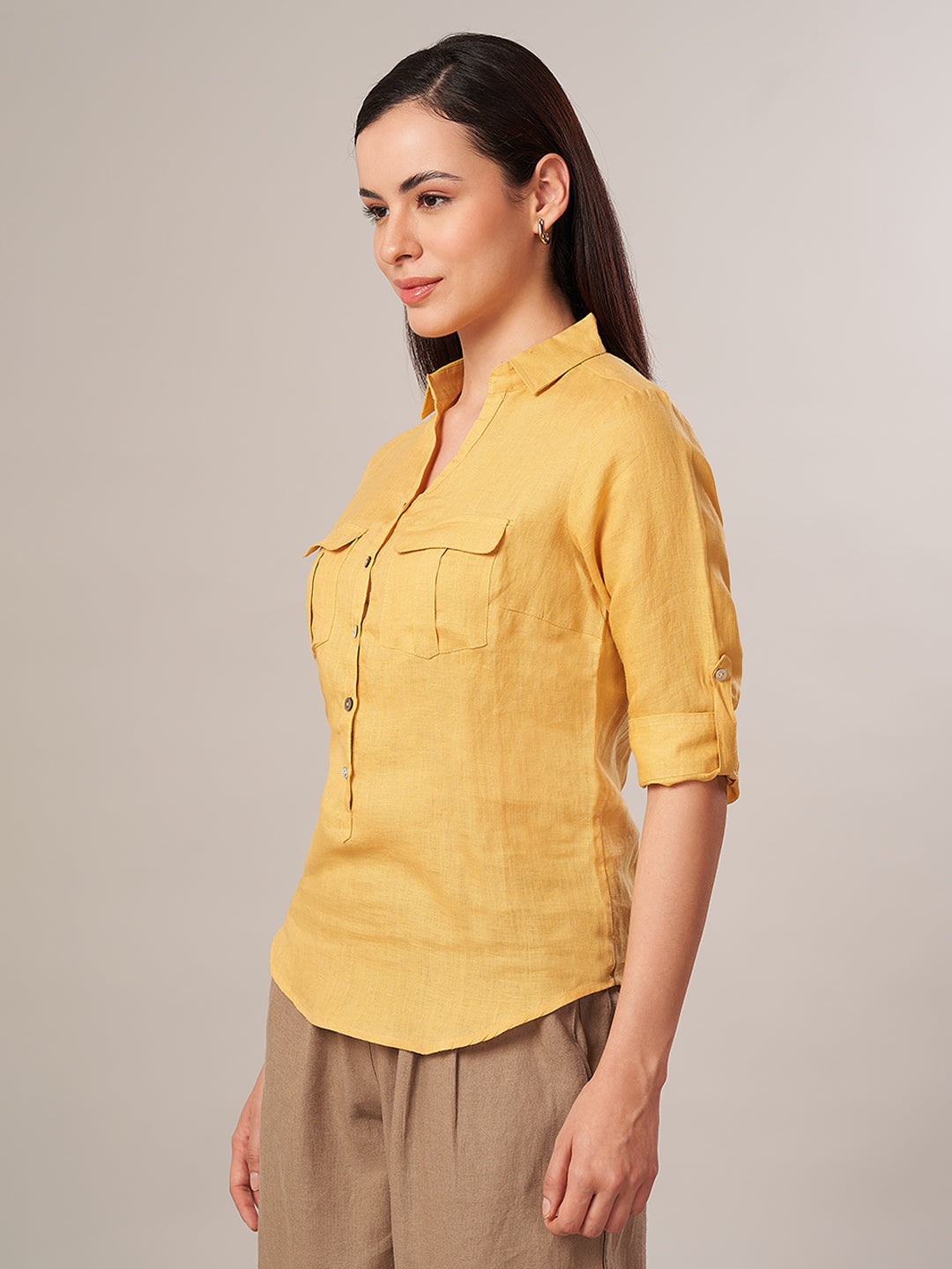Women's 100% Linen Regular Fit Blouse Yellow