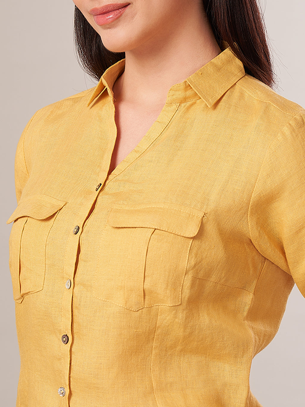 Women's 100% Linen Regular Fit Blouse Yellow