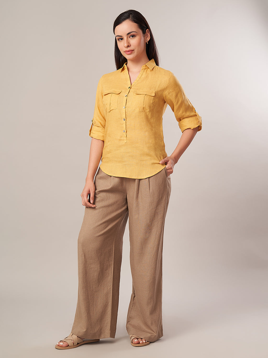 Women's 100% Linen Regular Fit Blouse Yellow