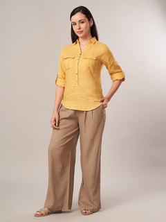 Women's 100% Linen Regular Fit Blouse Yellow