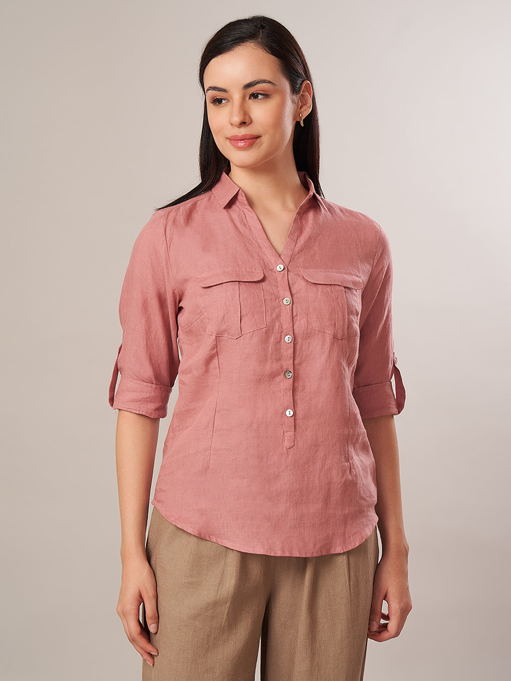 Women's 100% Linen Regular Fit Blouse Rose