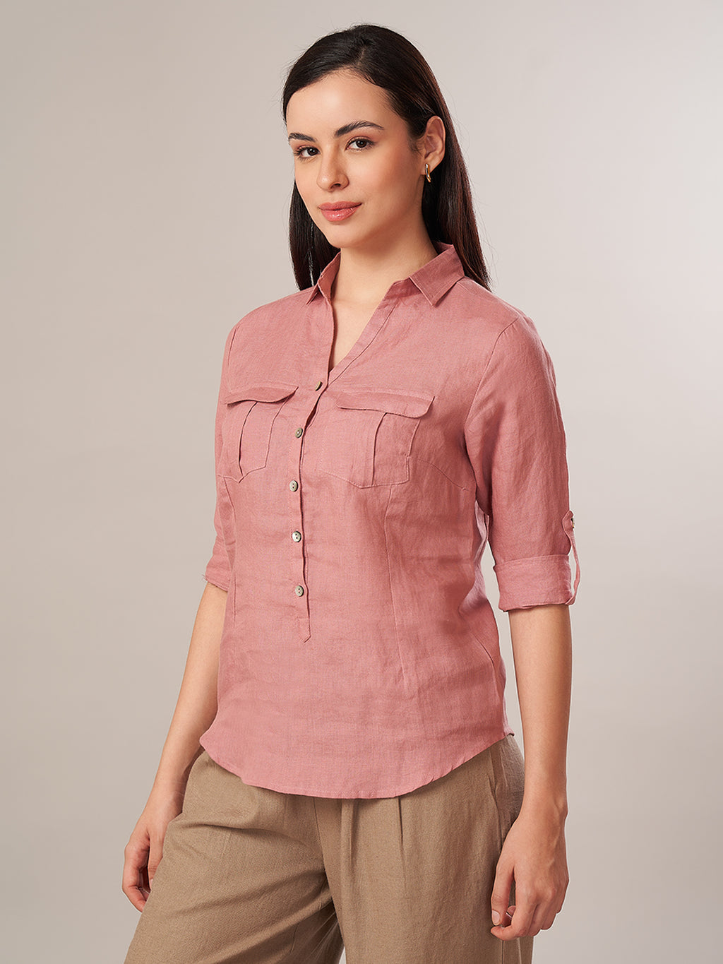 Women's 100% Linen Regular Fit Blouse Rose
