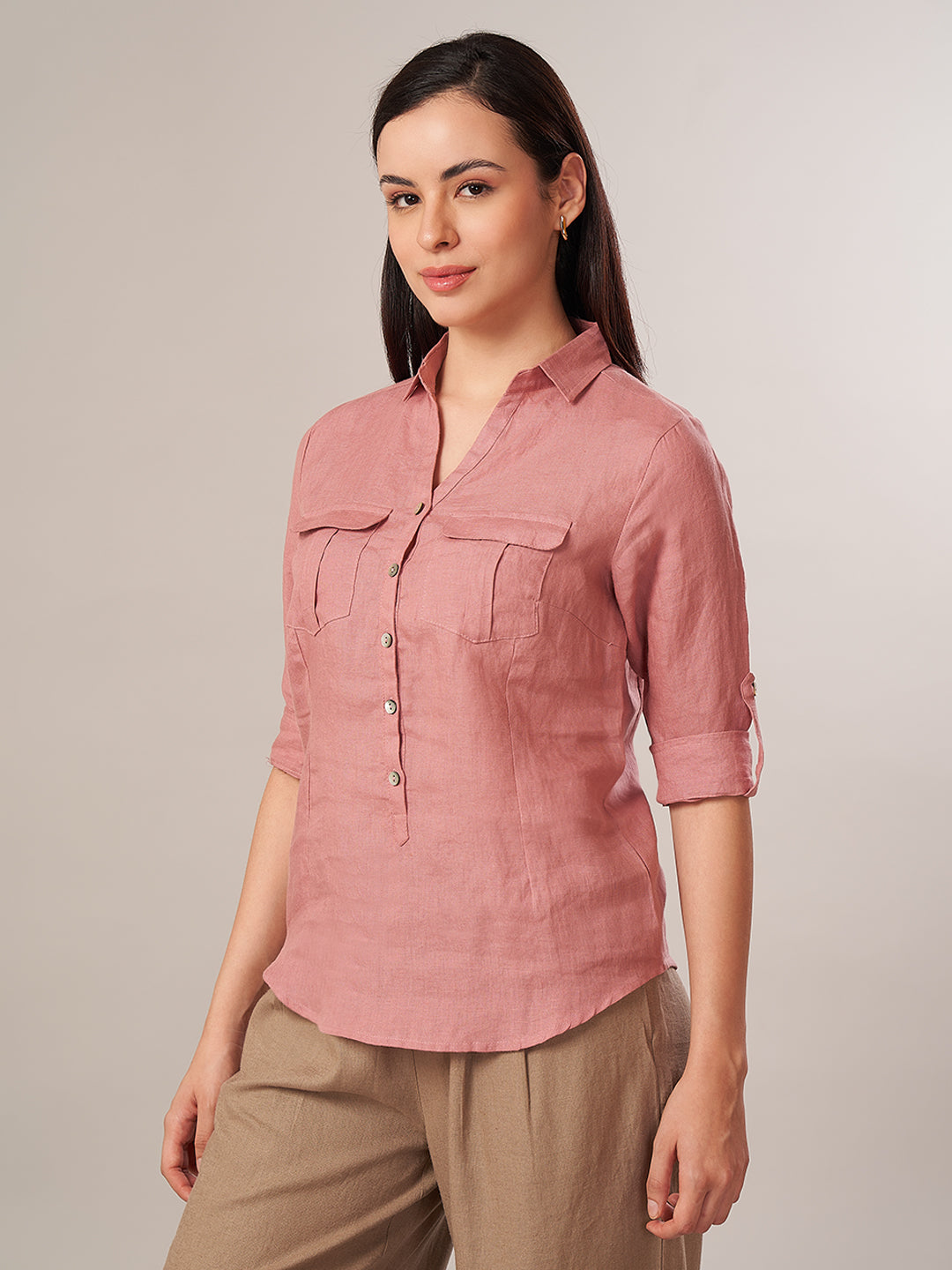 Women's 100% Linen Regular Fit Blouse Rose