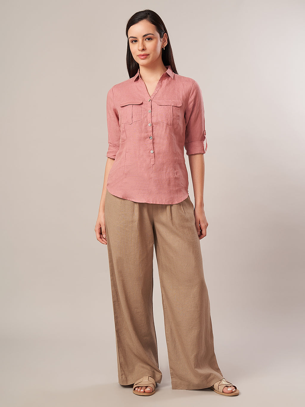 Women's 100% Linen Regular Fit Blouse Rose