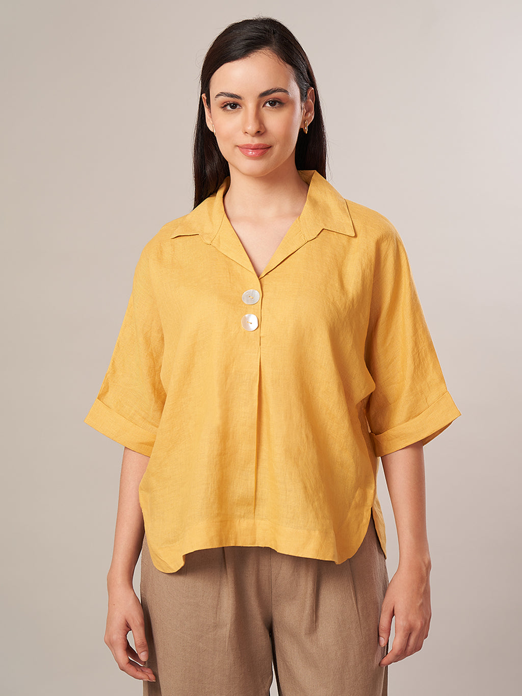 Women's 100% Linen Boxy Fit Blouse Yellow