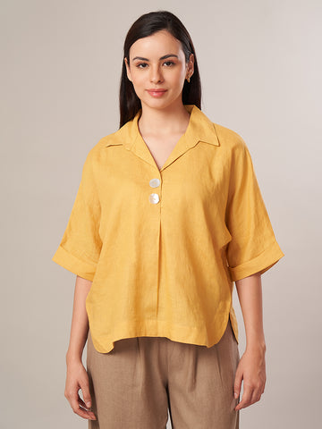 Women's 100% Linen Boxy Fit Blouse Yellow