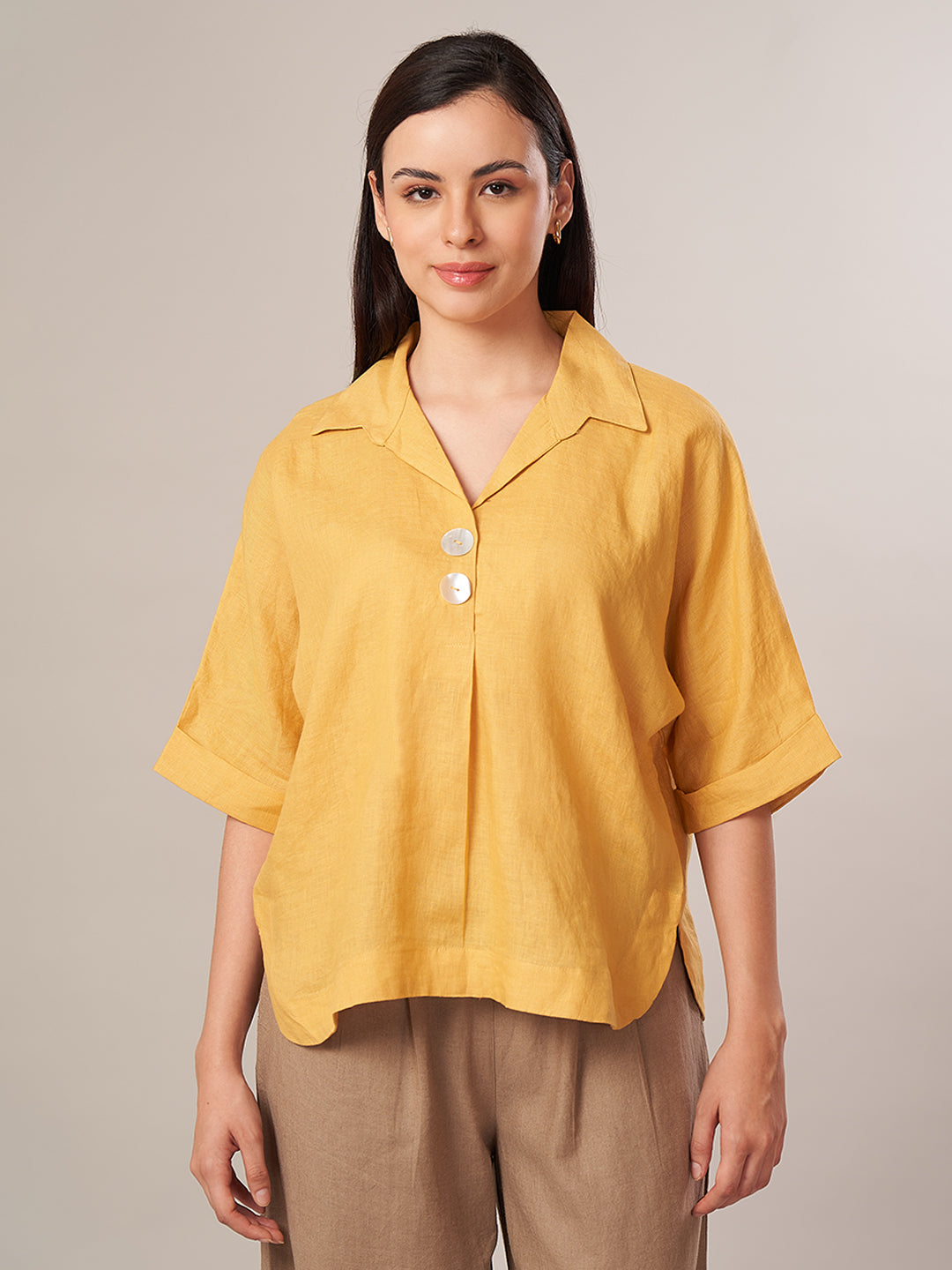 Women's 100% Linen Boxy Fit Blouse Yellow