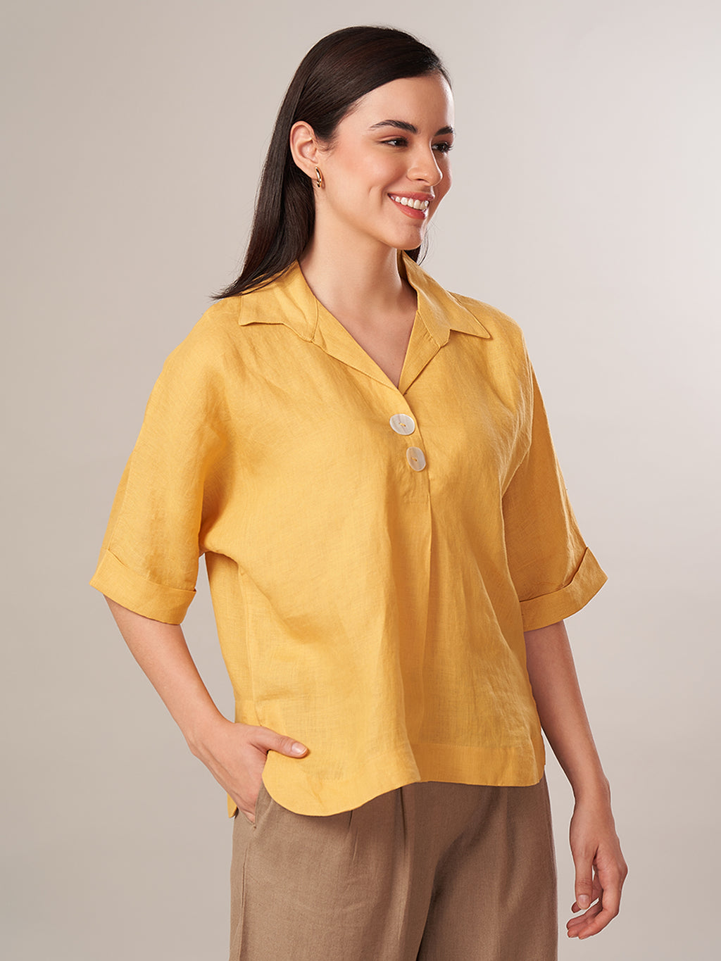 Women's 100% Linen Boxy Fit Blouse Yellow