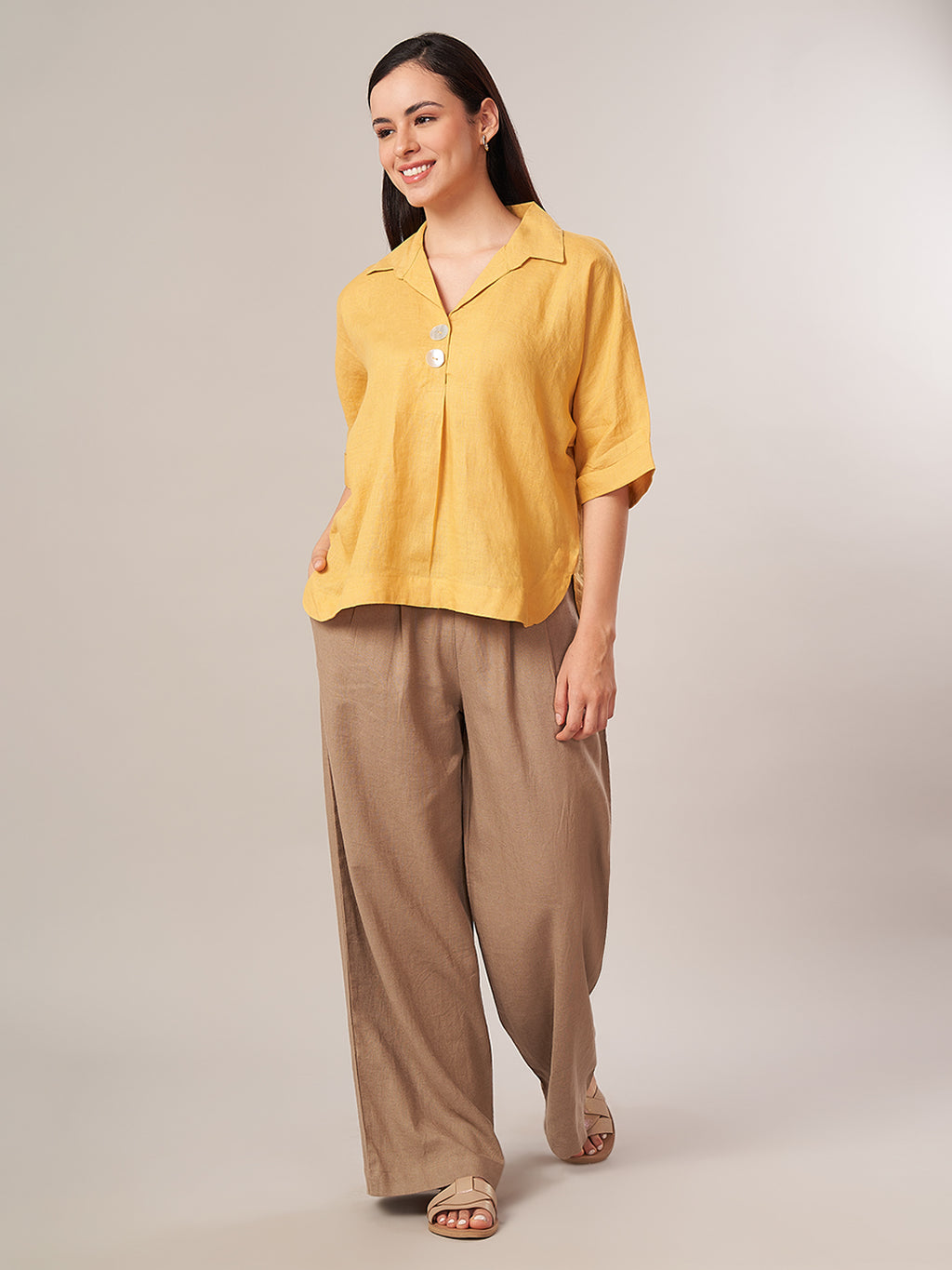 Women's 100% Linen Boxy Fit Blouse Yellow