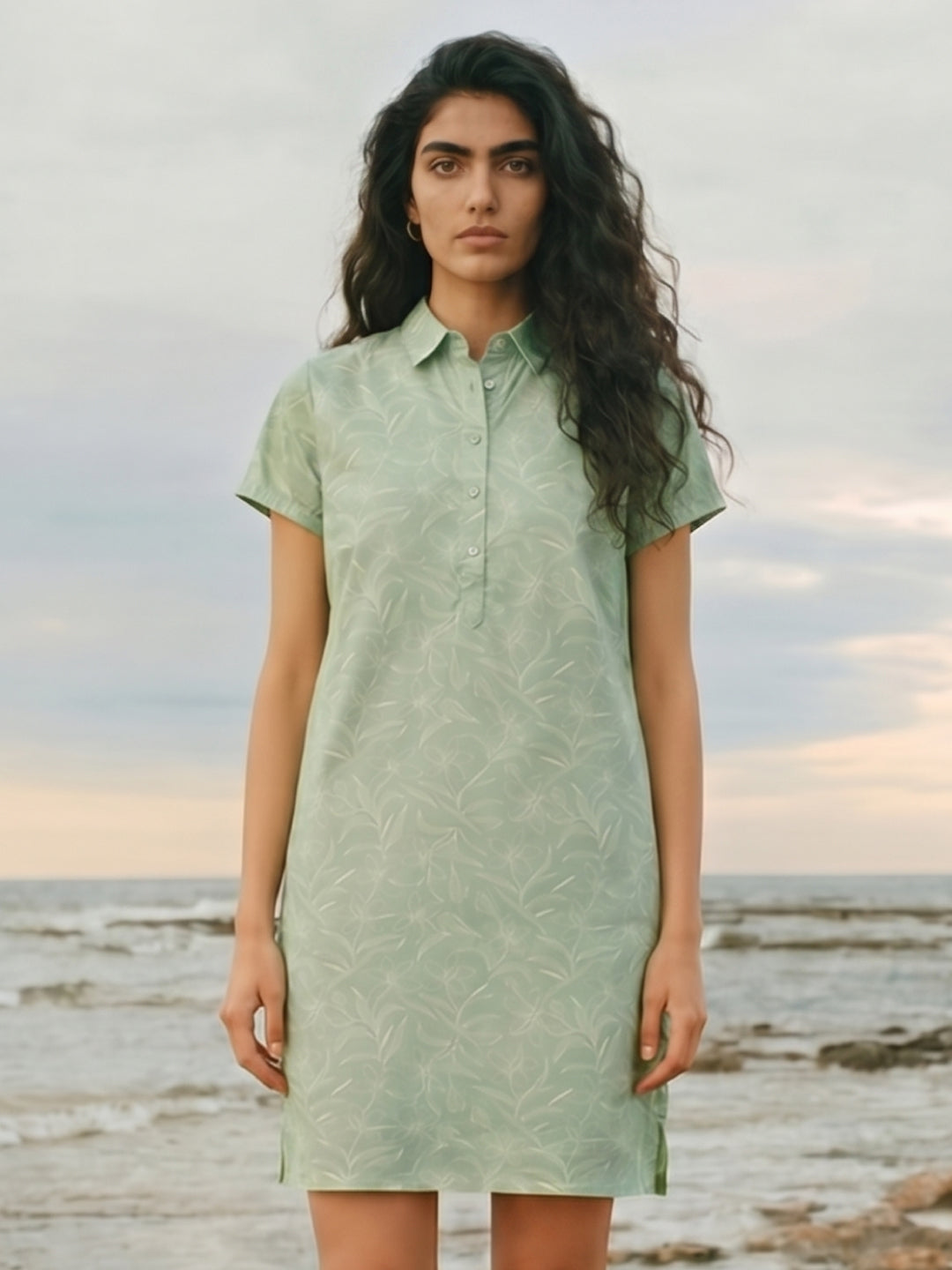 Women's Light Green 100% Cotton Regular Fit Dress