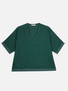 Women's Green 100% Linen Boxy Fit Blouse
