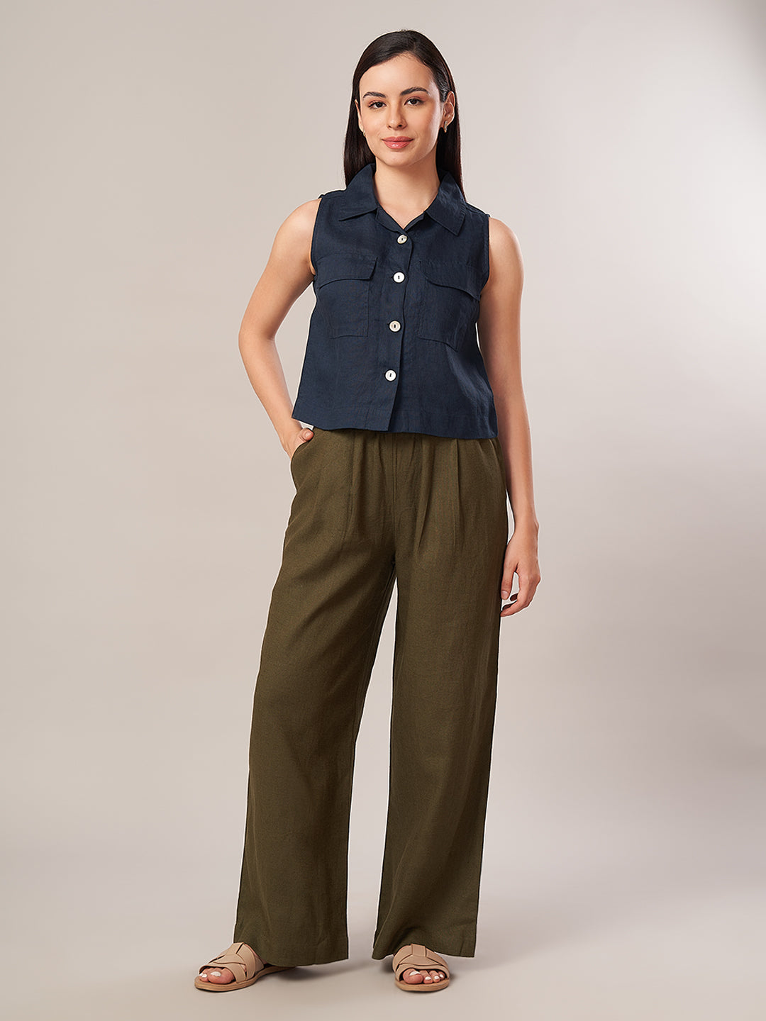 Women's Linen Viscose Regular Fit Pant Olive