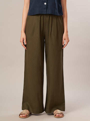 Women's Linen Viscose Regular Fit Pant Olive