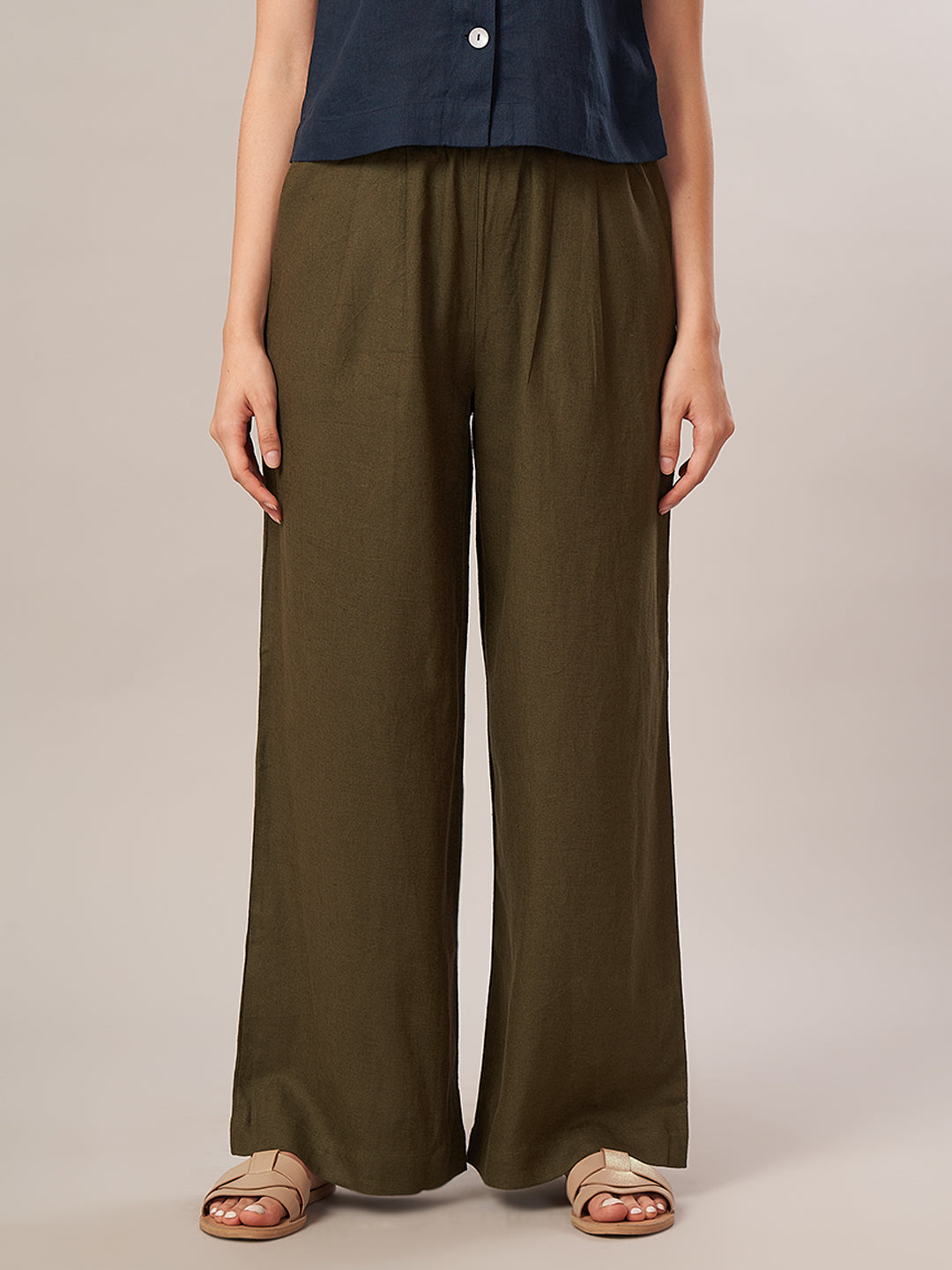 Women's Linen Viscose Regular Fit Pant Olive