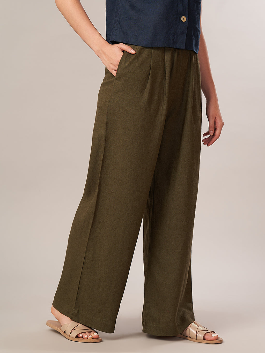 Women's Linen Viscose Regular Fit Pant Olive
