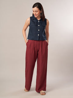 Women's Linen Viscose Regular Fit Pant Maroon