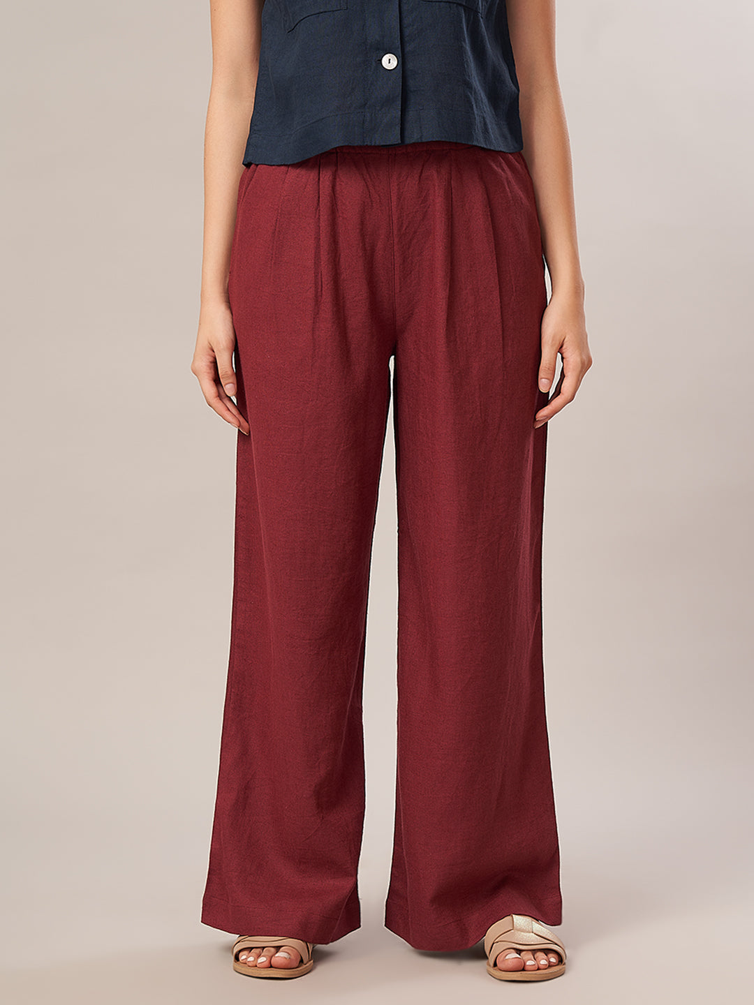 Women's Linen Viscose Regular Fit Pant Maroon