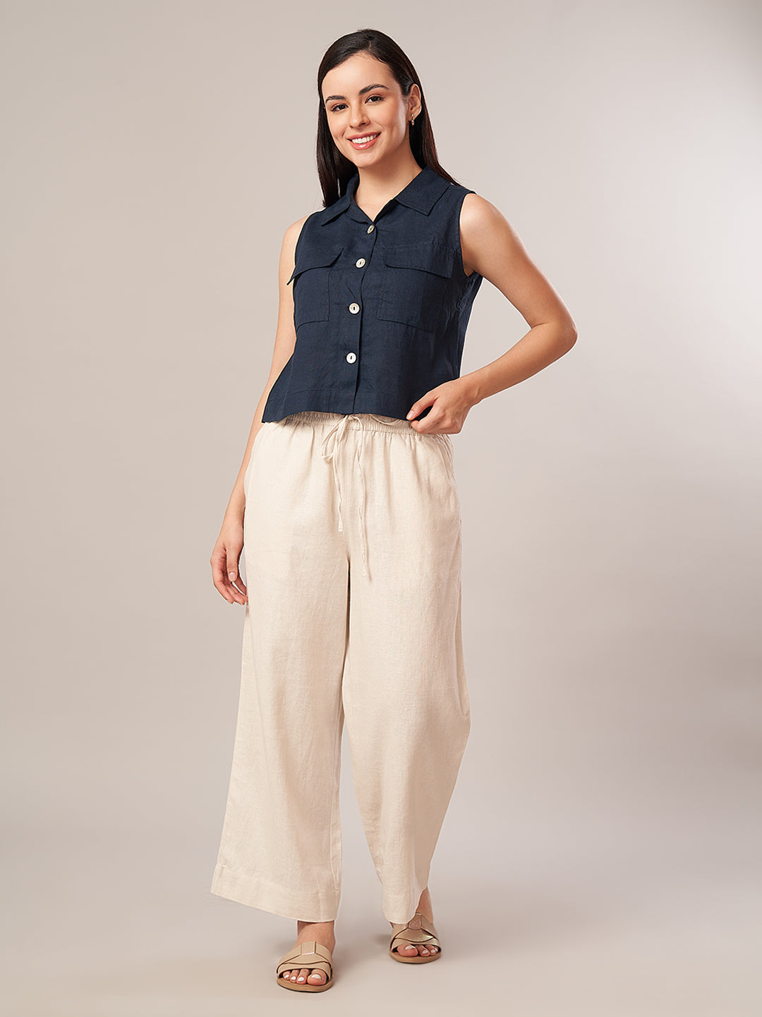 Women's Linen Blend Regular Fit Pant Offwhite