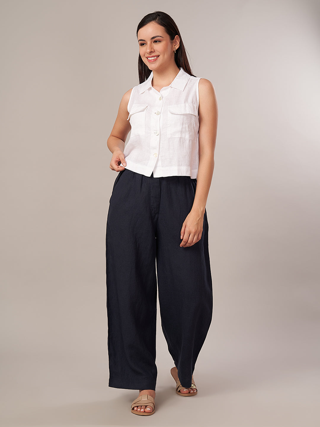 Women's 100% Linen Regular Fit Pant Navy