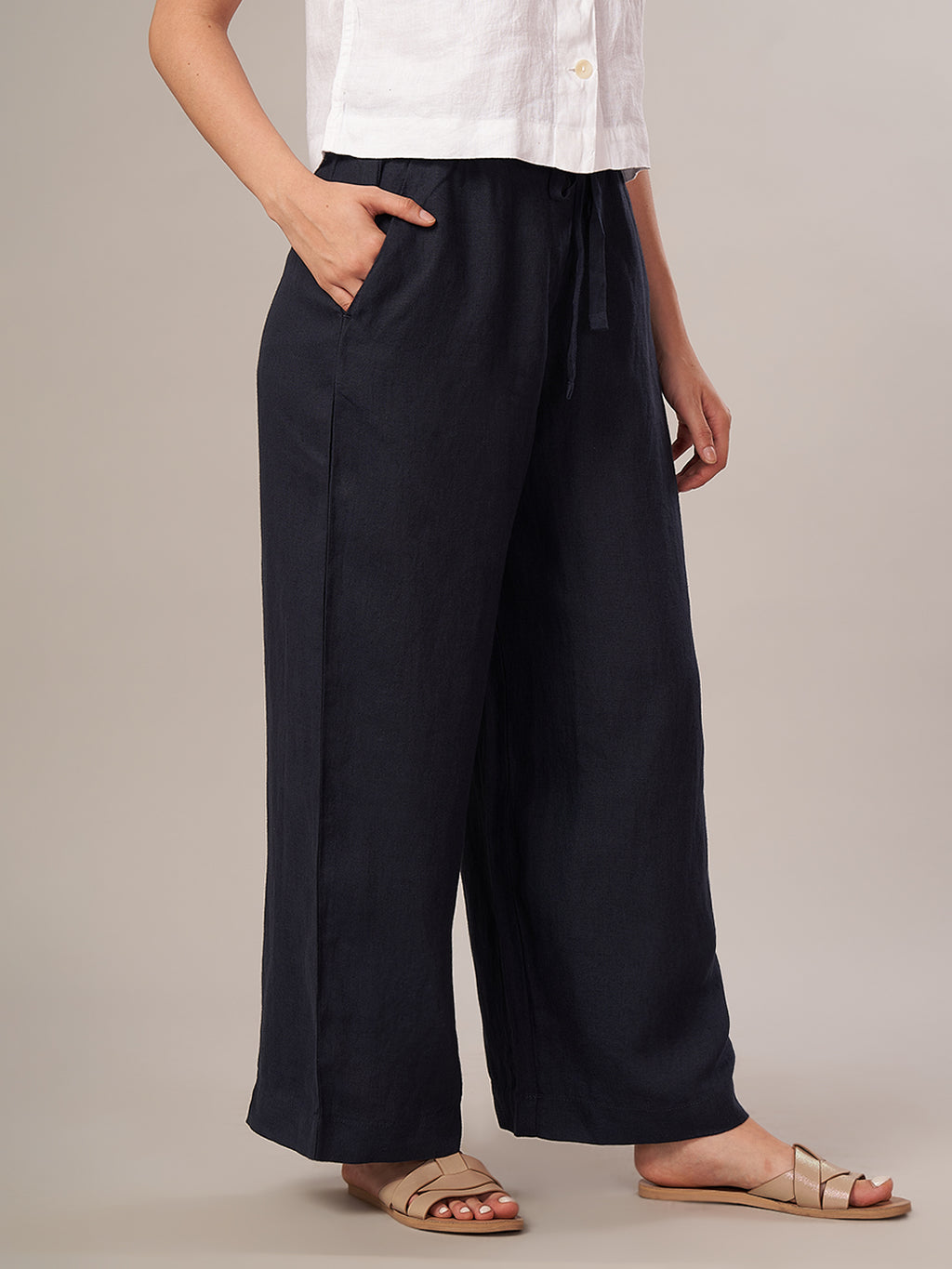 Women's 100% Linen Regular Fit Pant Navy