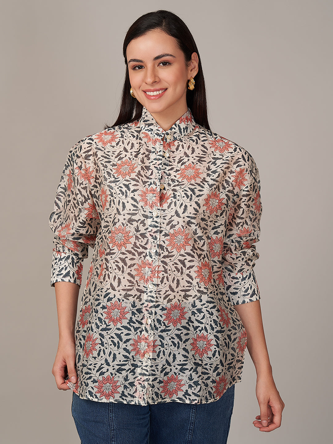 Women's Cotton Silk Boxy Fit Blouse Peach