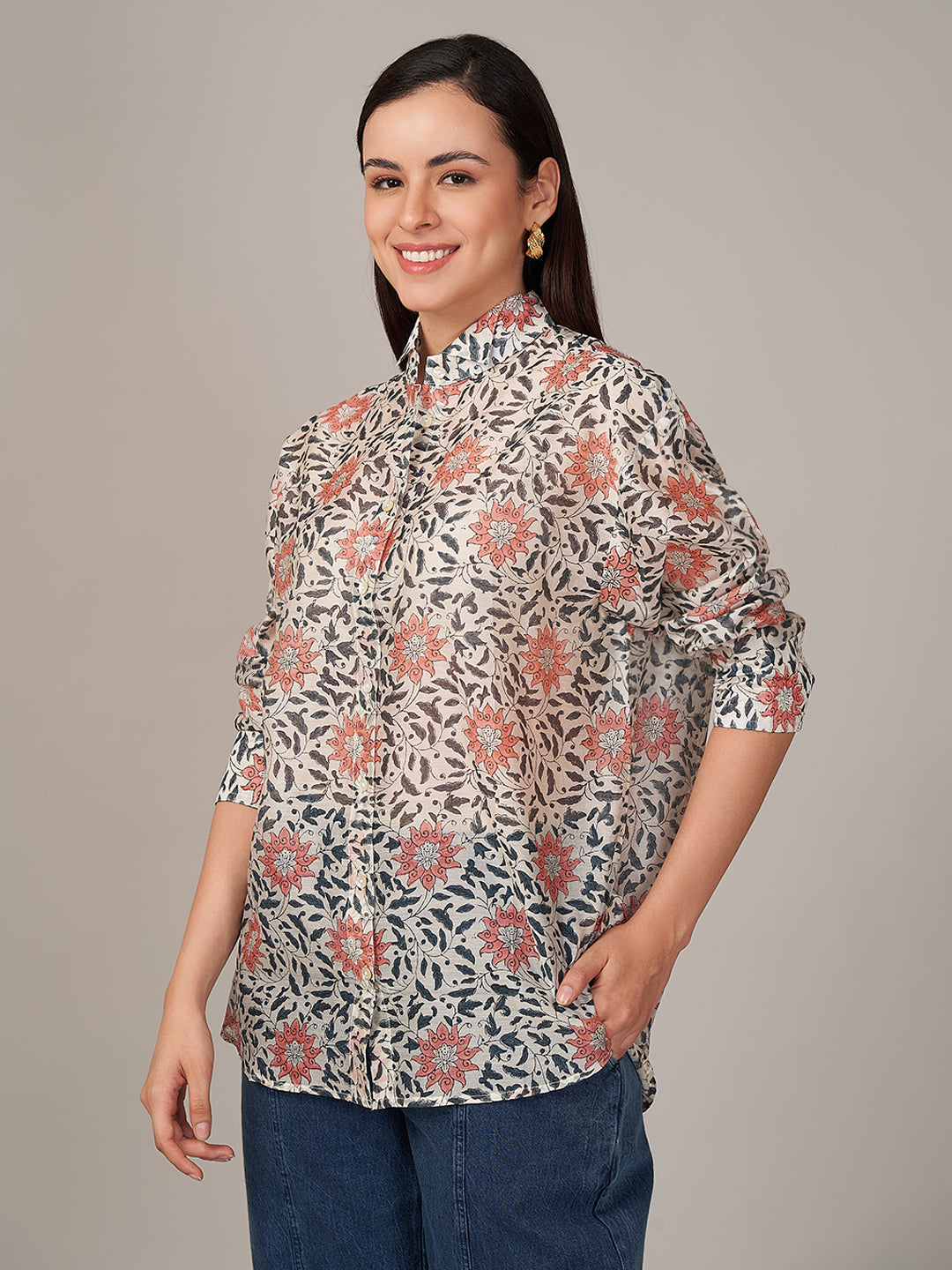 Women's Cotton Silk Boxy Fit Blouse Peach