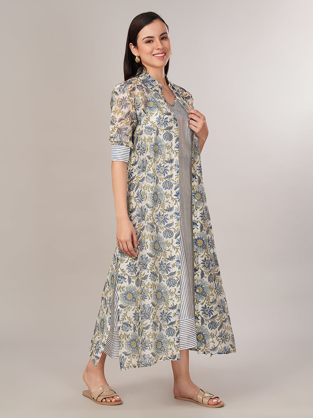 Women's Cotton Silk Regular Fit Dress Blue