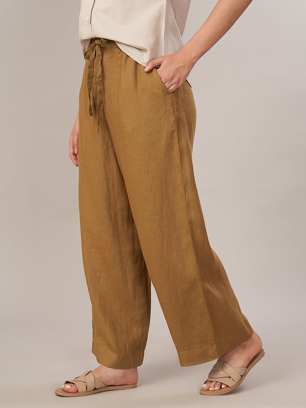 Women's 100% Linen Regular Fit Pant Mustard