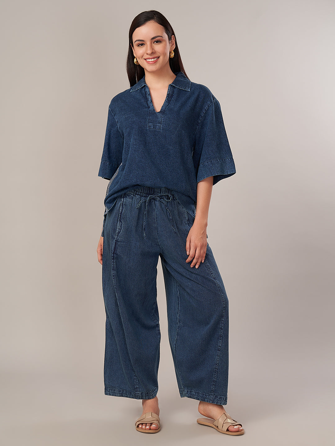 Women's 100% Cotton Barrel Leg Pant Denim Blue