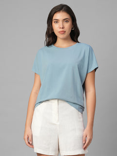 Women's Blue Cotton Bamboo Elastane Relax Fit Tshirt