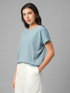Women's Blue Cotton Bamboo Elastane Relax Fit Tshirt