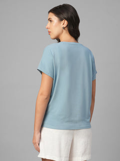 Women's Blue Cotton Bamboo Elastane Relax Fit Tshirt