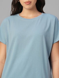 Women's Blue Cotton Bamboo Elastane Relax Fit Tshirt