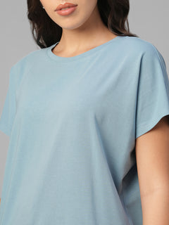 Women's Blue Cotton Bamboo Elastane Relax Fit Tshirt