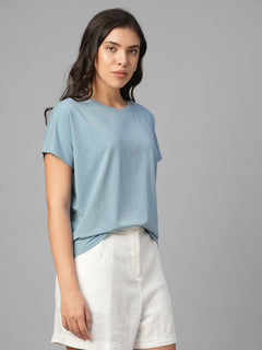 Women's Blue Cotton Bamboo Elastane Relax Fit Tshirt