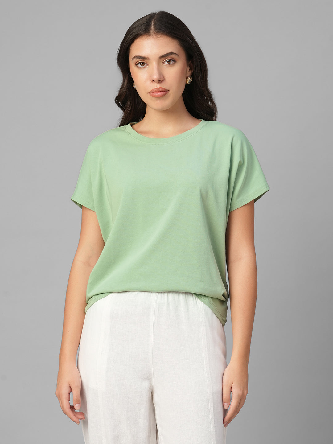 Women's Green Cotton Bamboo Elastane Relax Fit Tshirt