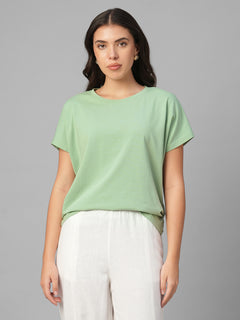 Women's Green Cotton Bamboo Elastane Relax Fit Tshirt