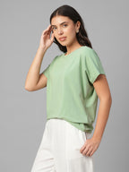 Women's Green Cotton Bamboo Elastane Relax Fit Tshirt