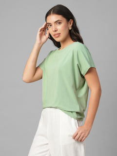 Women's Green Cotton Bamboo Elastane Relax Fit Tshirt