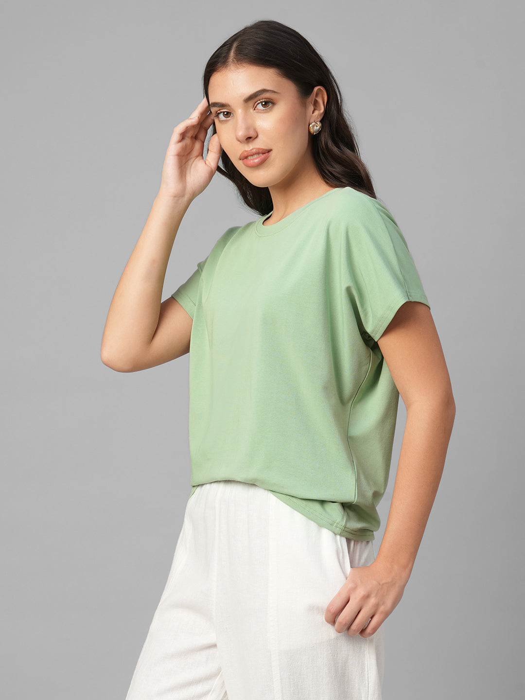 Women's Green Cotton Bamboo Elastane Relax Fit Tshirt