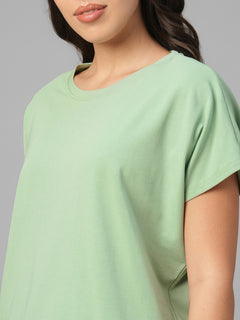 Women's Green Cotton Bamboo Elastane Relax Fit Tshirt