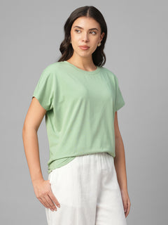 Women's Green Cotton Bamboo Elastane Relax Fit Tshirt