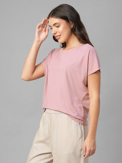 Women's Pink Cotton Bamboo Elastane Relax Fit Tshirt