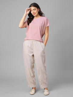 Women's Pink Cotton Bamboo Elastane Relax Fit Tshirt
