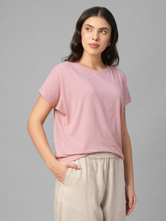 Women's Pink Cotton Bamboo Elastane Relax Fit Tshirt