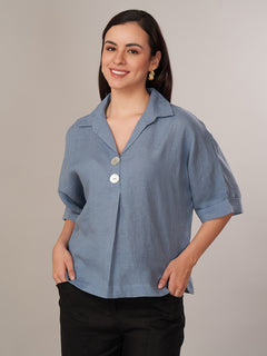 Women's 100% Linen Boxy Fit Blouse Blue