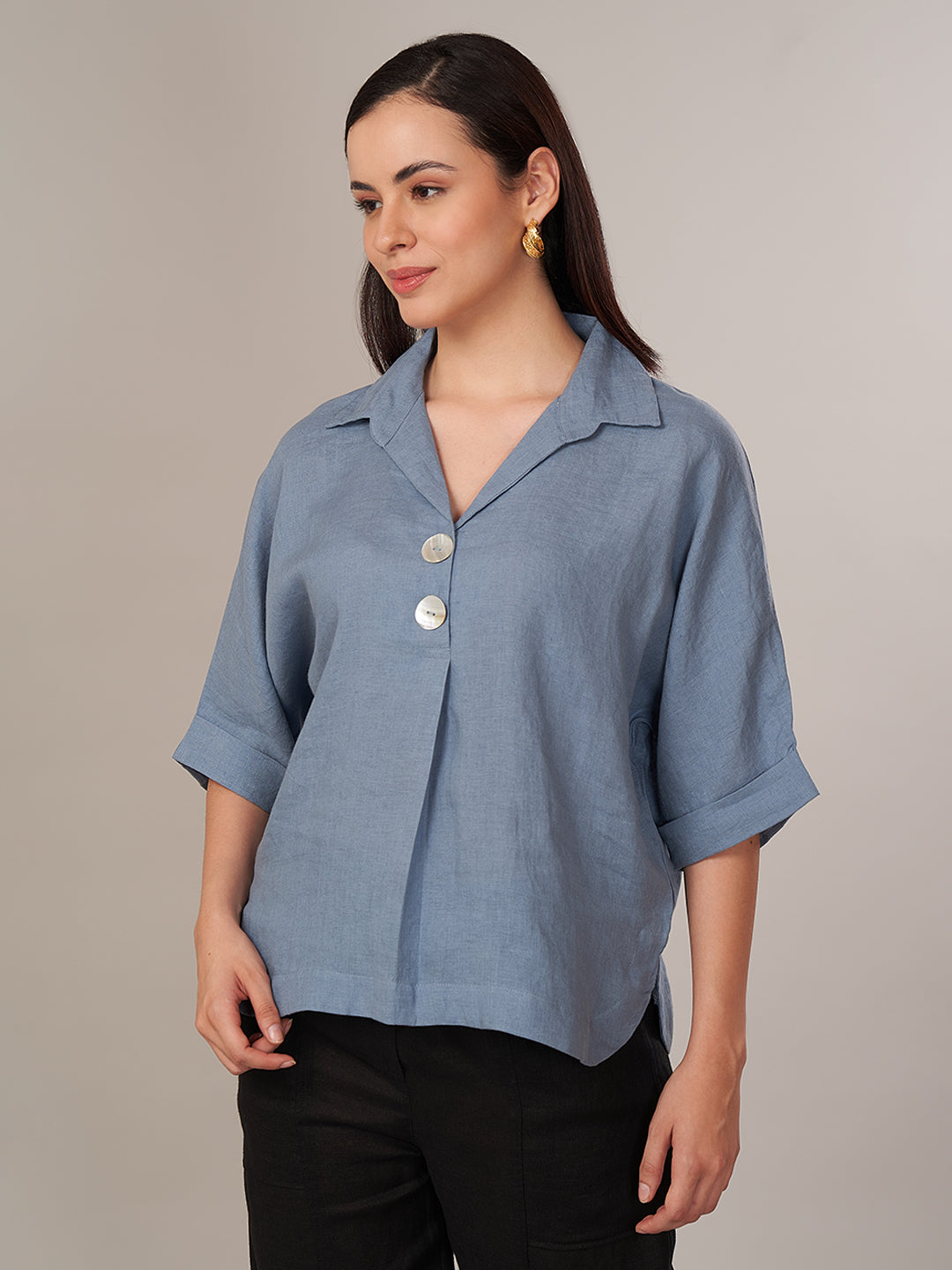 Women's 100% Linen Boxy Fit Blouse Blue